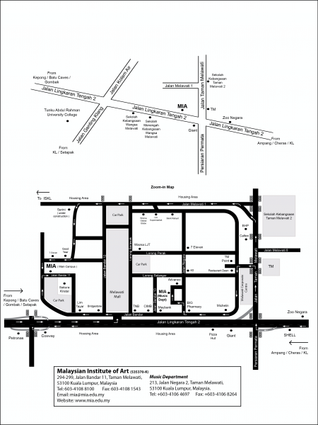 马来西亚艺术学院 (MIA) 的地址及位置图，毗邻新商场 Melawati Mall 商圈，附近有多家银行、店铺林立。国家动物园和拉曼大学学院 (TAR UC) 也近在咫尺。
