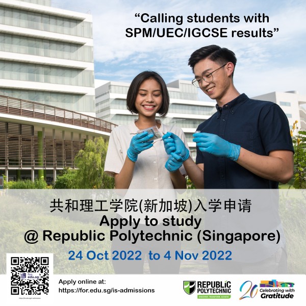Apply to RP from 24 Oct to 4 Nov 22 with your SPM/UEC/IGCSE results