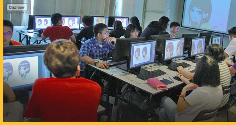 A group of students are using a computer for digital illustration  lessons