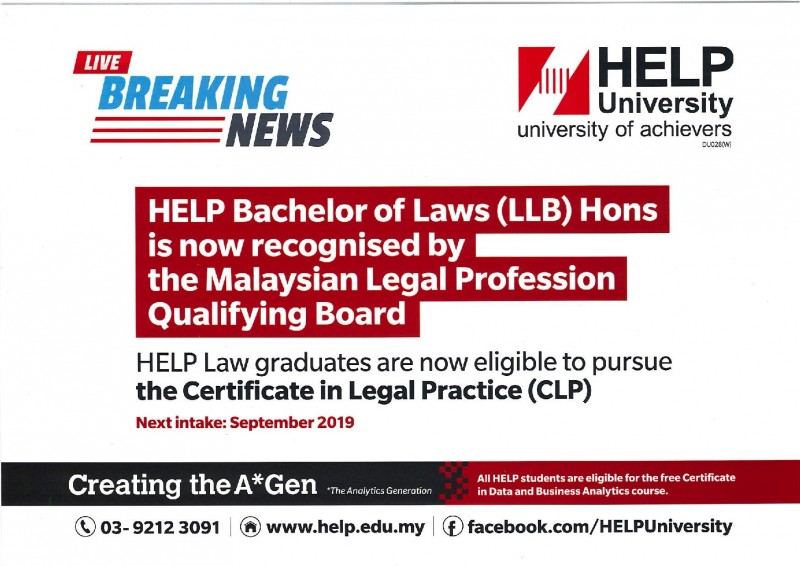 HELP Bachelor of Laws (LLB) Hons is now recognised by the Malaysian Legal Profession Qualifying Board