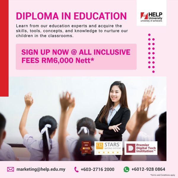 HELP University’s Diploma in Education is uniquely designed to take a student into the world of teaching. With our experts in the education field, we are well placed to equip a student with all the skills needed to become a teacher.

At HELP, you will understand the tools and concepts needed to succeed as an educator.

Join our Diploma in Education and make a positive impact on the future generations of children in the classroom.

✨Sign up now, all inclusive fees @ RM6,000* nett

Intakes are now in progress:
☑ Study Awards Available*
☑ All HELP students will receive a FREE Certificate in Data and Business Analytics

Don’t miss this great opportunity to embark into the noble world of teaching.

Register at https://infoday2021.help.edu.my/ or contact us at: https://wa.me/60129280864

?We are open daily for 1-to-1 online counselling and appointments.

*Terms and Conditions apply